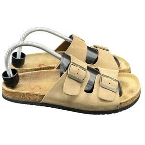 🩴 Lands' End 10 Tan Suede Cork Footbed Two-Buckle Slides Made in Spain Boho 90s